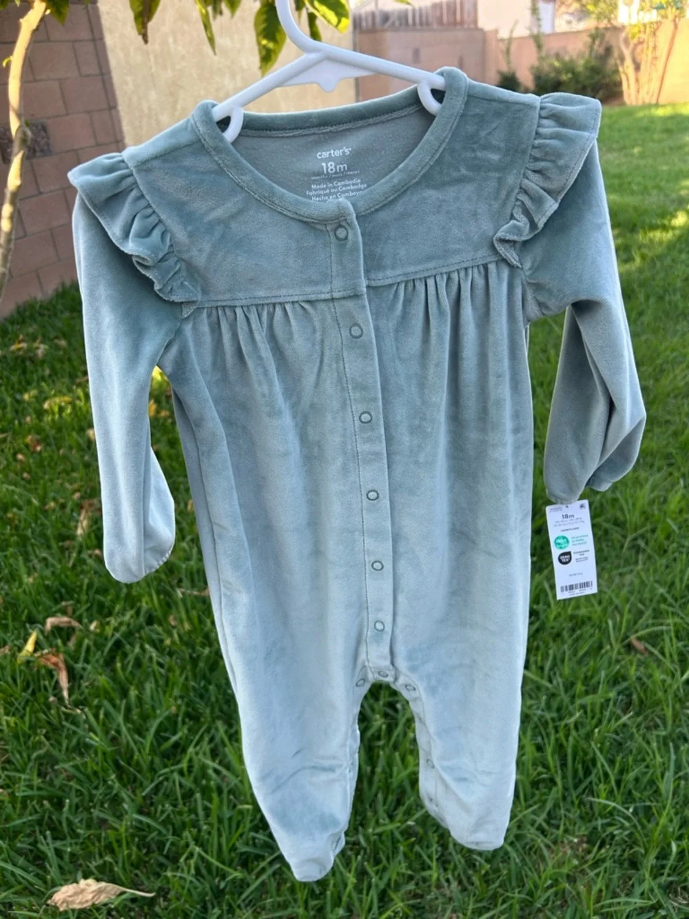 Carter's Sage Green Velvet Footed One-Piece - 18M